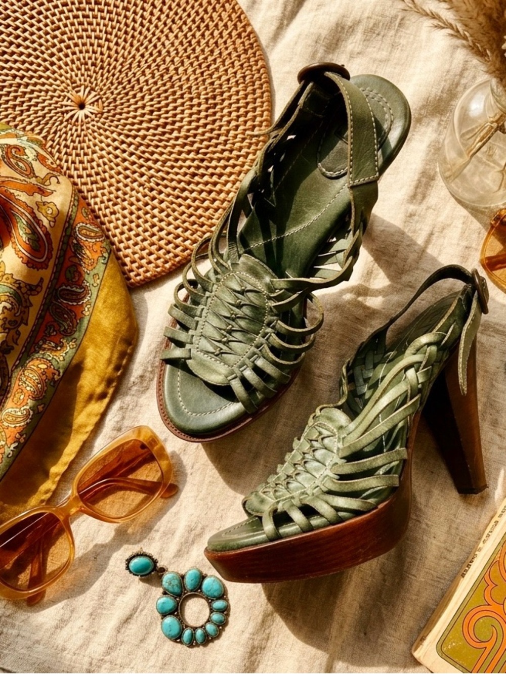 Frye Joy Huarache Platform Sandals Olive Green Leather Wood Heels Boho 9.5 - Picture 13 of 13
